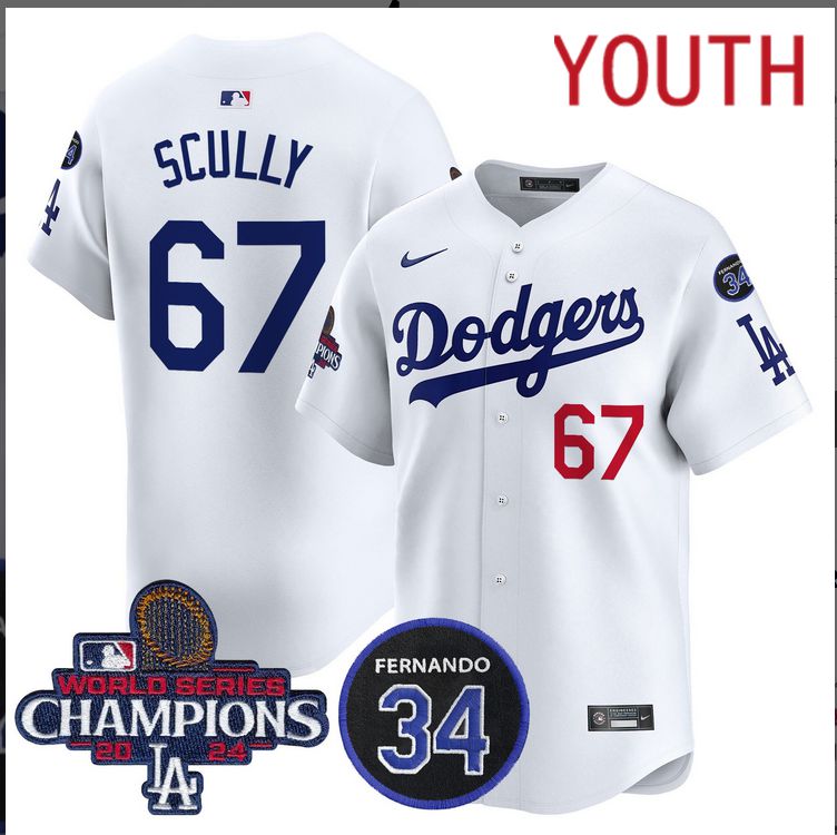 Youth  MLB Los Angeles Dodgers #67 Scully white 2024 World Series Champions Patch Limited Jersey->youth mlb jersey->Youth Jersey